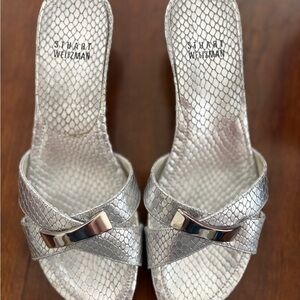 STUART WEITZMAN BANDIT Silver Leather Snake Slides Sandals 6.5M Buckle Designer